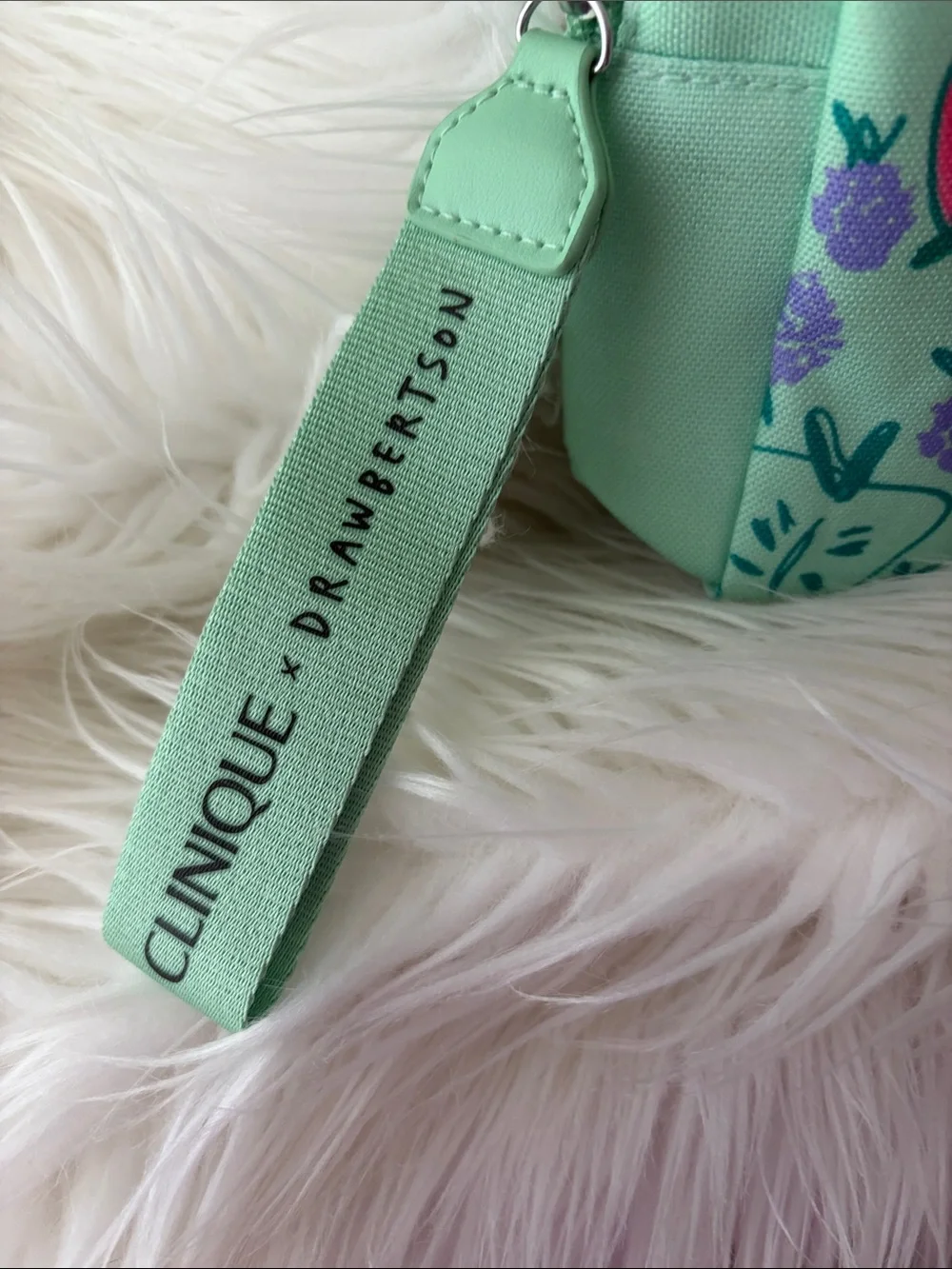 Clinique X Drawbrrtson Mint Green Strawberry Print Wristlet Cosmetic Pouch